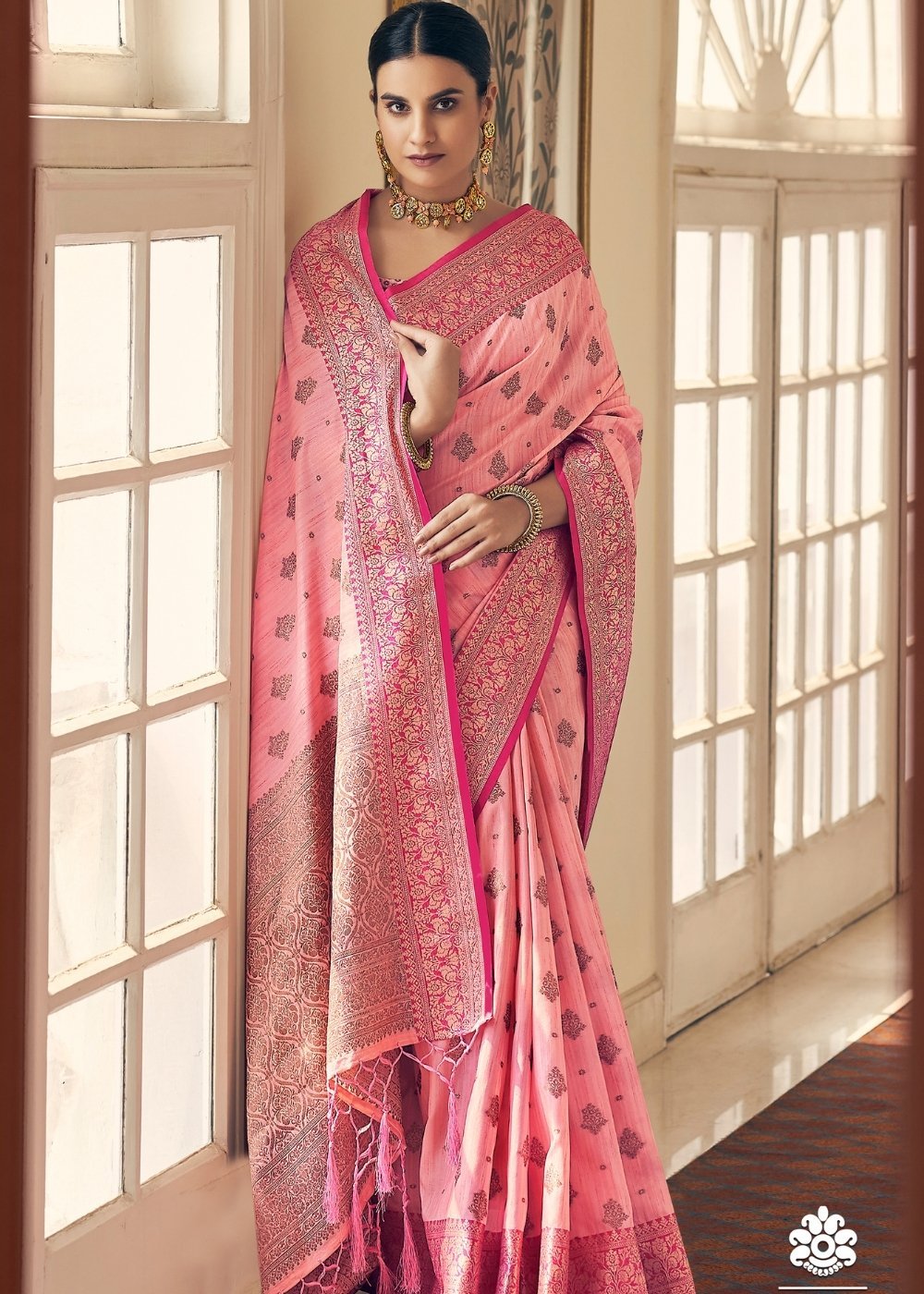 MySilkLove Apricot Pink Tussar Banarasi Silk Saree