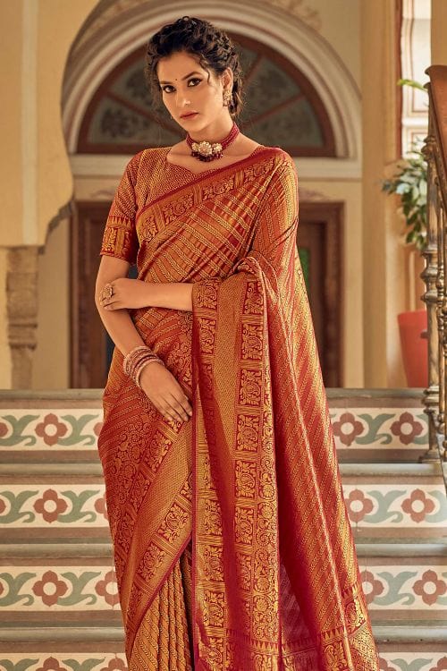 Cognac Brown Zari Woven Tanchui Kanjivaram Fusion Silk Saree