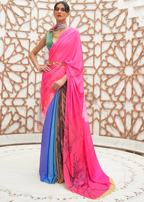 French Pink and Blue Kalamkari Printed Crepe Saree