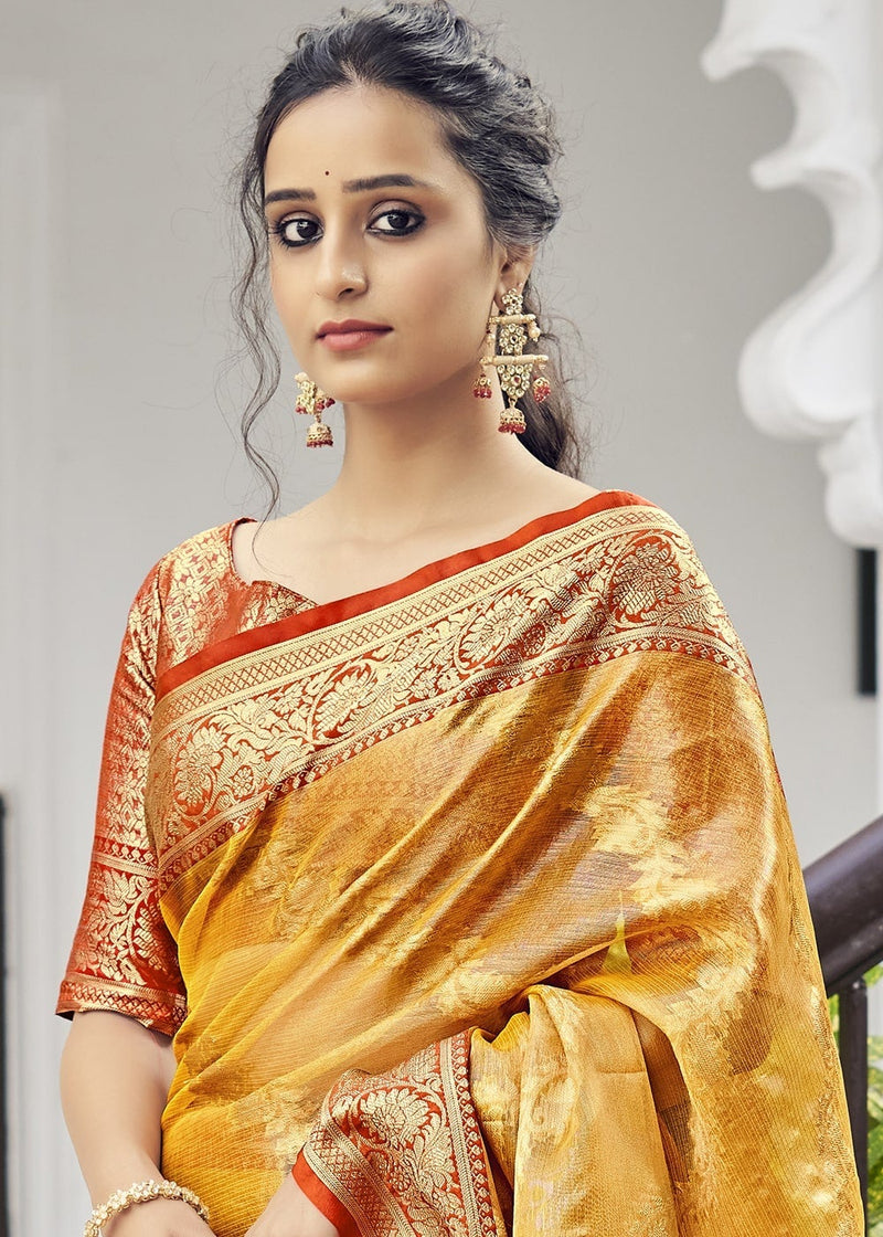 Brandy Punch Yellow Zari Woven Organza Tissue Silk Saree
