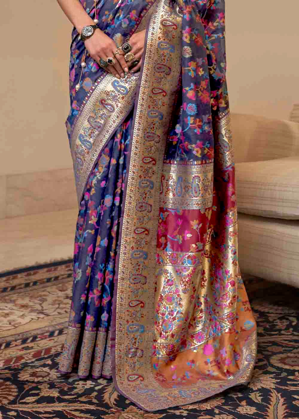 Buy MySilkLove Fiord Blue Banarasi Jamawar Woven Silk Saree Online