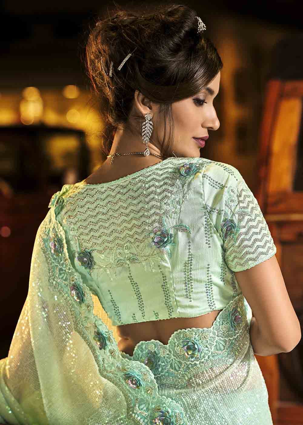 Buy MySilkLove Ash Blue Heavy Work Designer Net Saree Online