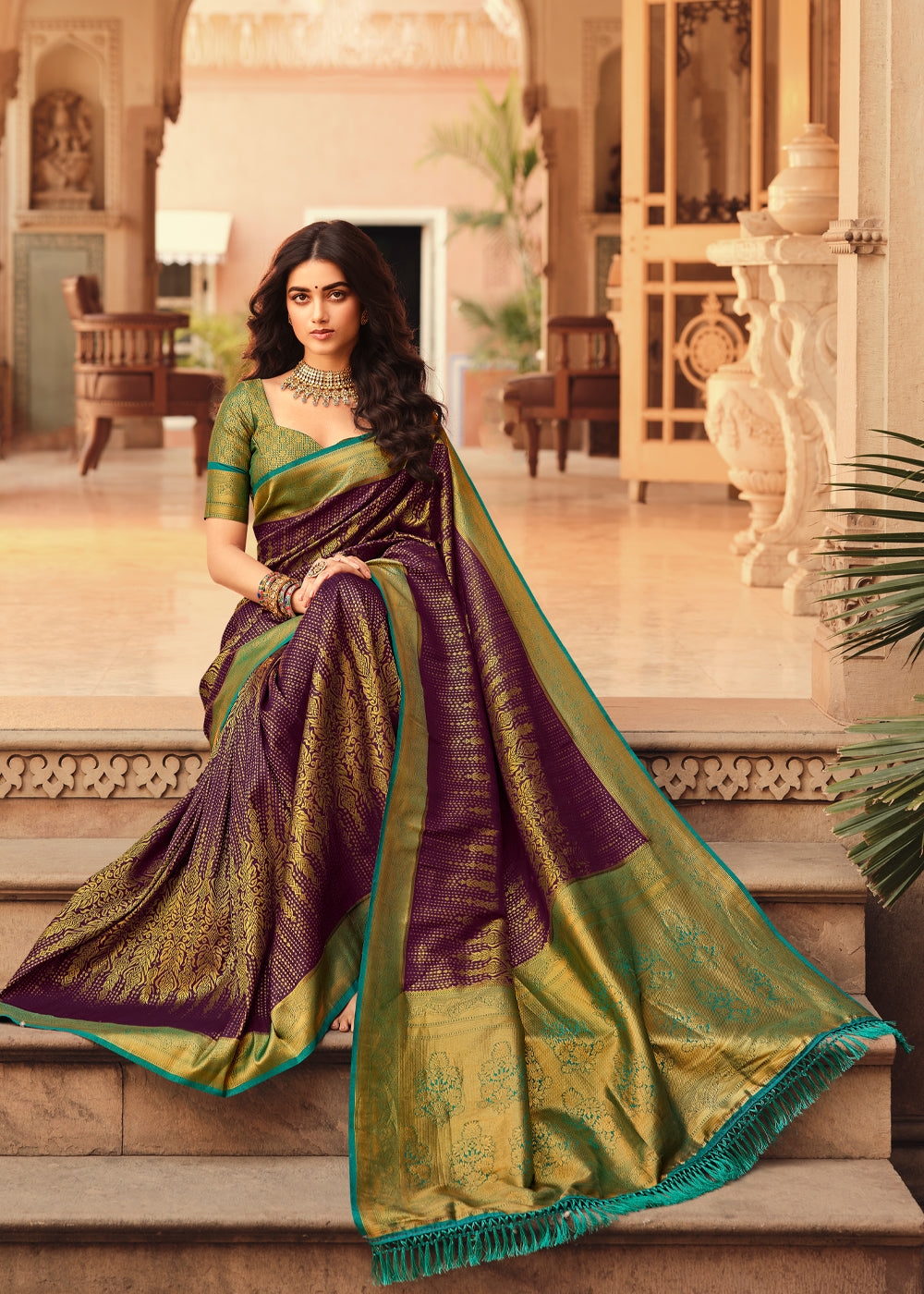 Buy MySilkLove Spicy Purple and Green Zari Woven Kanjivaram Saree Online