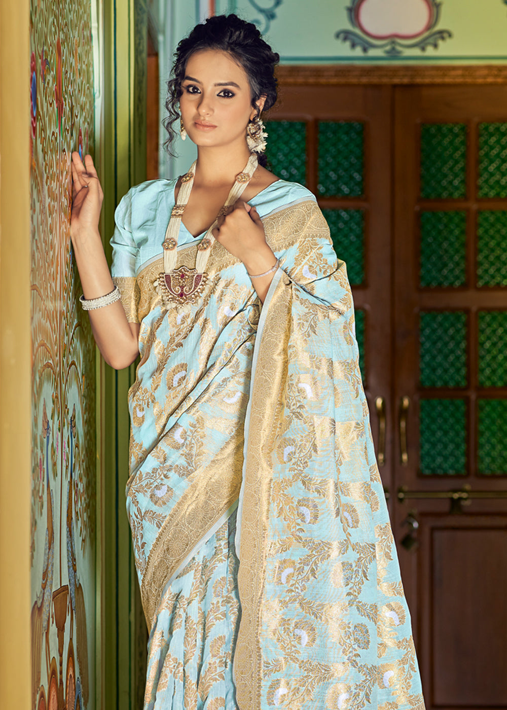 Buy MySilkLove Opal Blue Zari Woven Banarasi Linen Saree Online