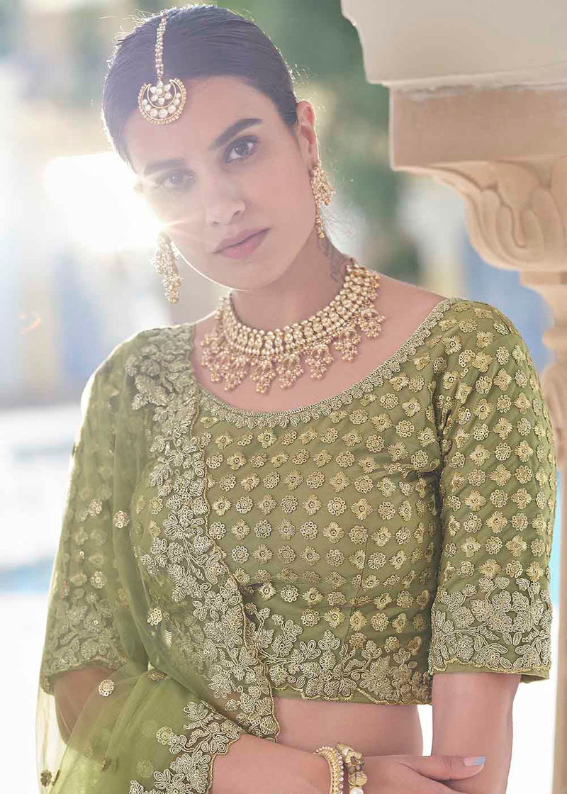 Gold Green Soft Net Designer Lehenga Choli With Dori & Sequins Work