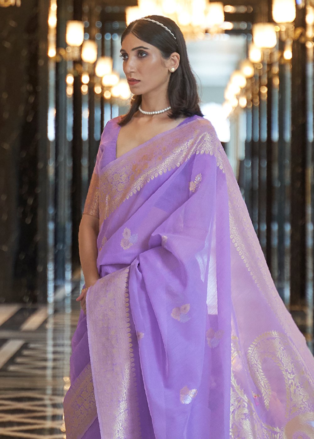 MySilkLove East Side Purple Banarasi Linen Saree