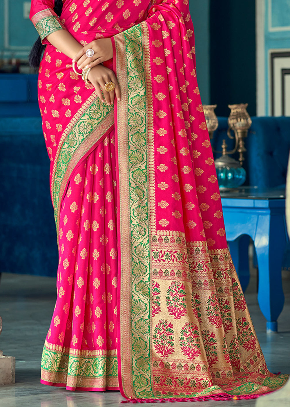 Buy MySilkLove Rose Pink and Green Zari Woven Banarasi Saree Online