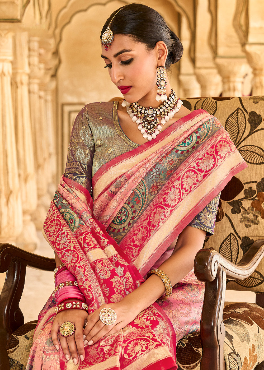 Buy MySilkLove Geraldine Light Pink Designer Banarasi Saree Online