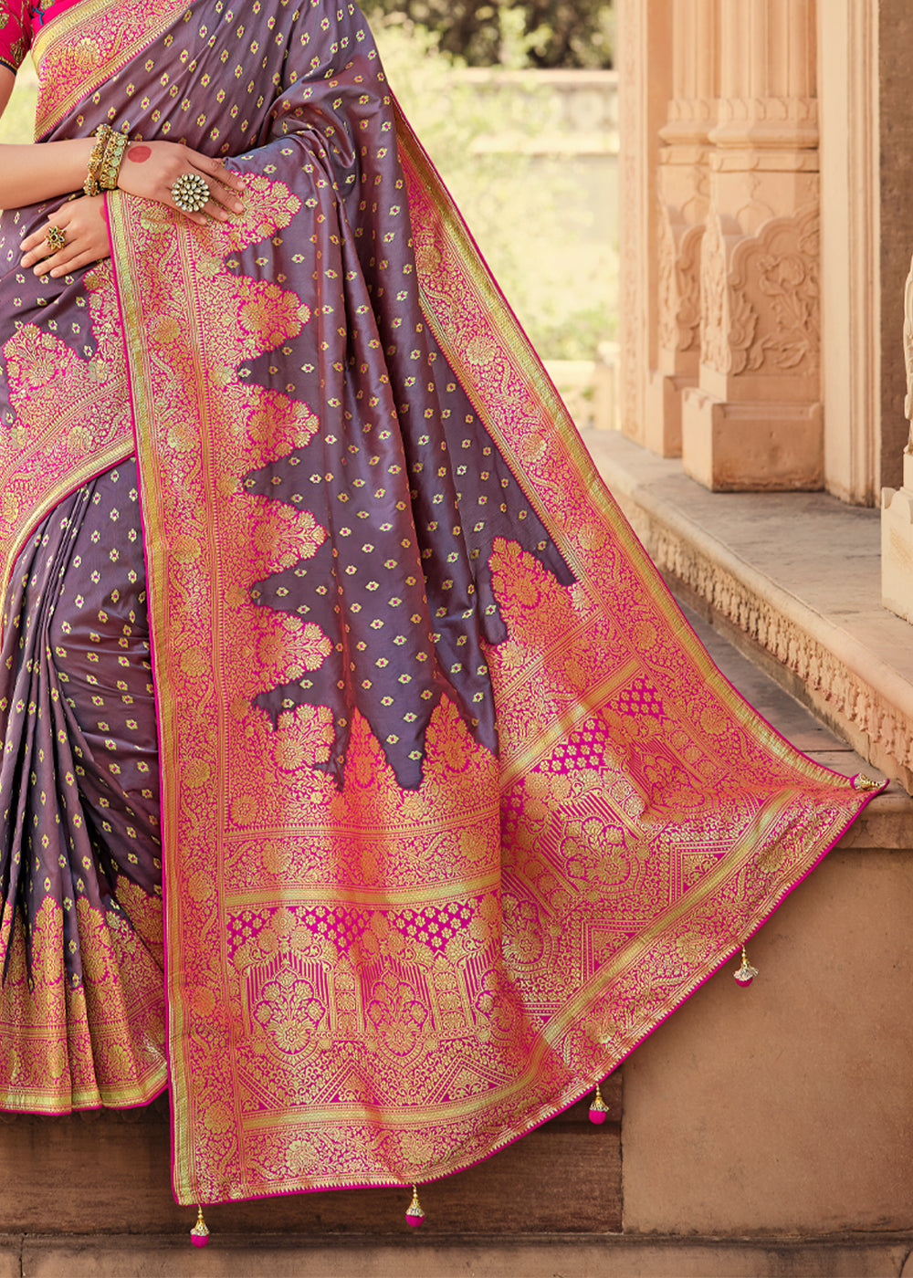 Buy MySilkLove Falcon Purple and Pink Zari Woven Banarasi Saree with Designer Blouse Online