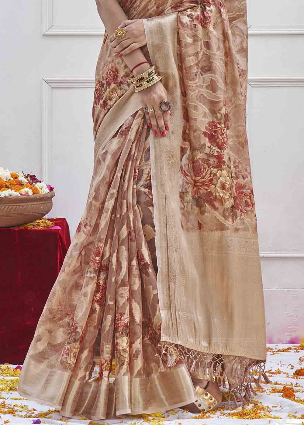 Buy MySilkLove Blast Off Bronze Brown Digital Printed Organza Silk Saree Online