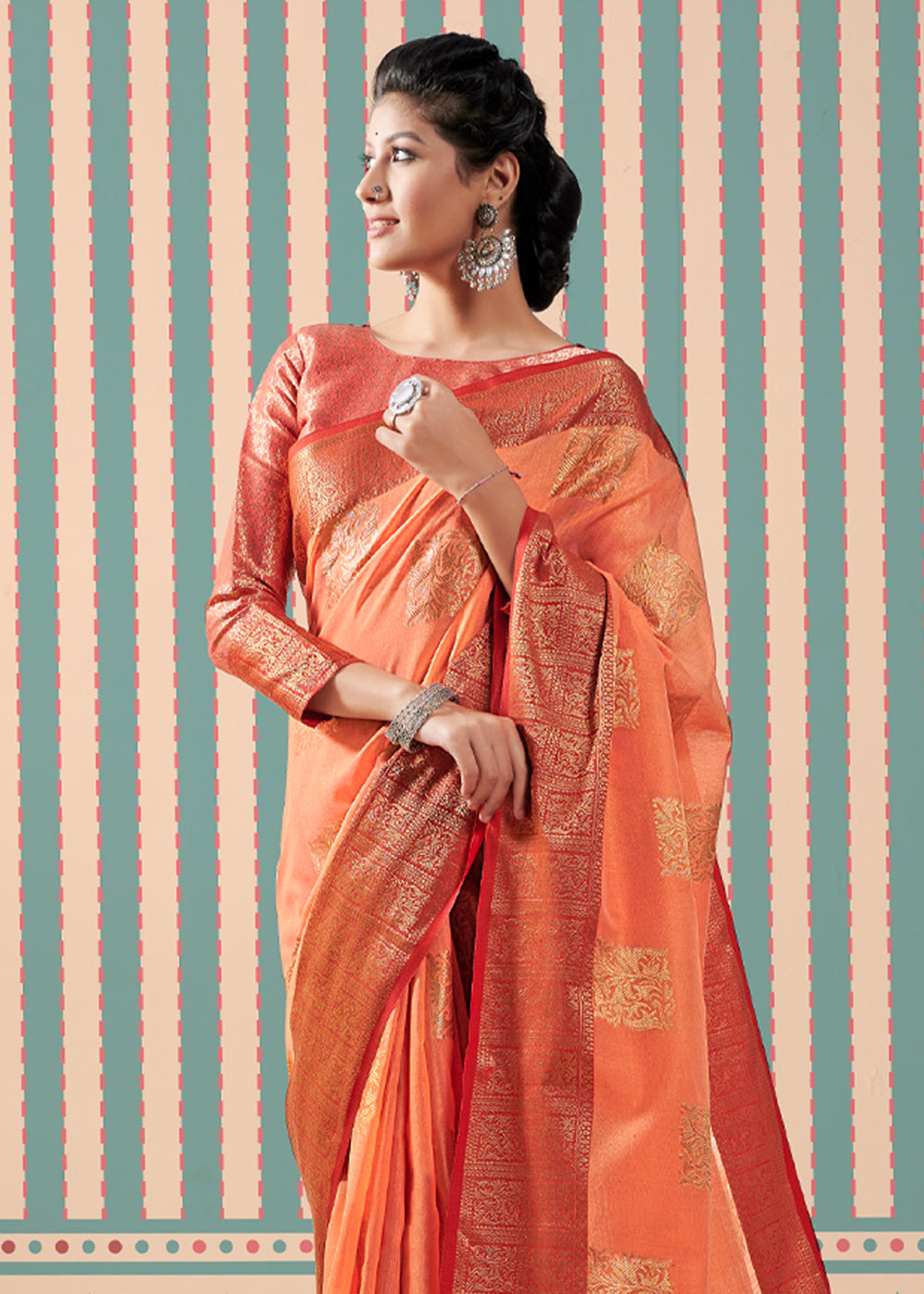 Buy MySilkLove Mandarin Orange Zari Woven Banarasi Brocade Linen Saree Online