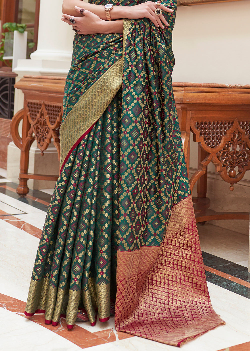 Buy MySilkLove Mineral Green and Red Woven Handloom Patola Saree Online