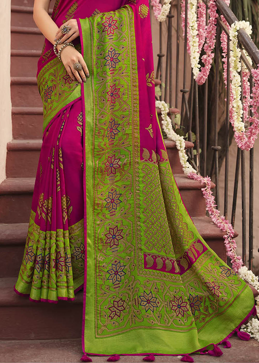 Buy MySilkLove Brick Pink and Green Soft Brasso Silk Saree Online