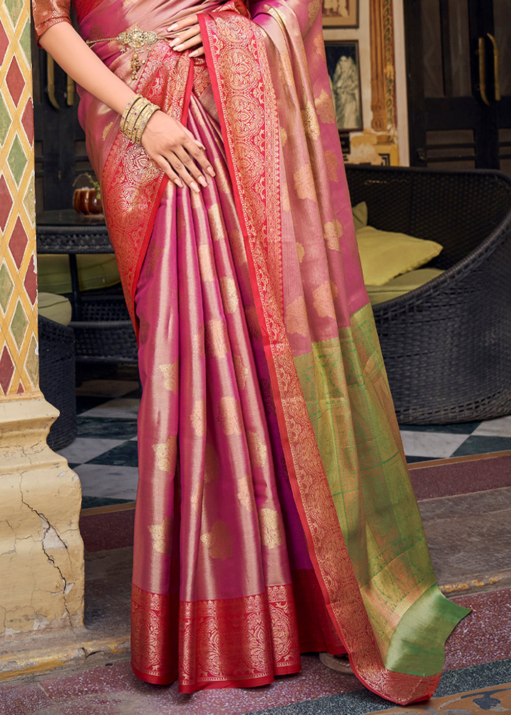 Buy MySilkLove Rose Bud Pink Woven Banarasi Barcode Silk Saree Online