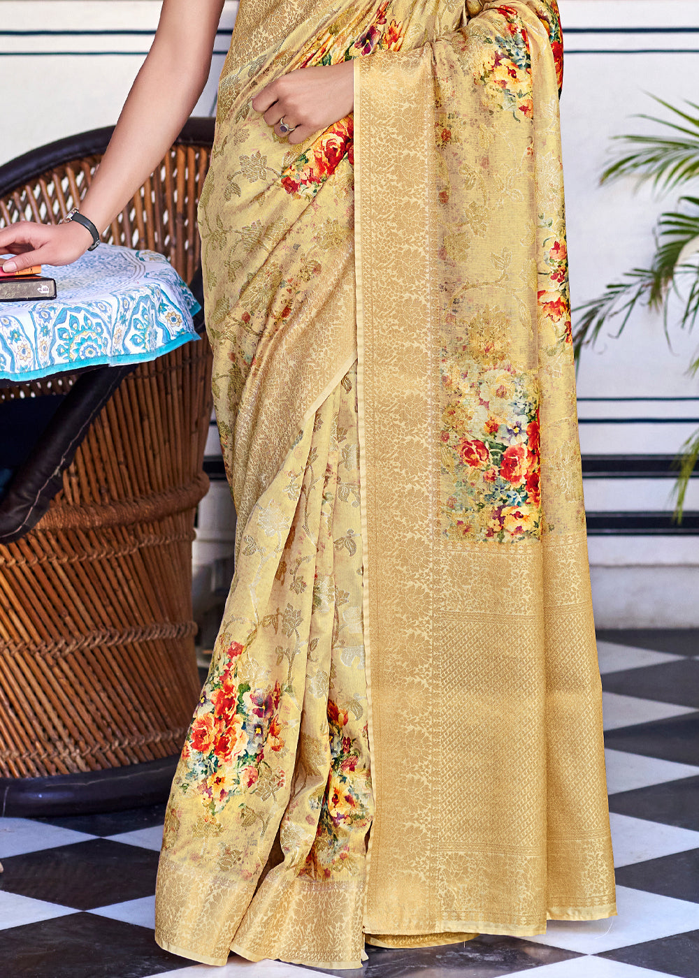 Buy MySilkLove Gold Sand Yellow Zari Woven Floral Banarasi Saree Online