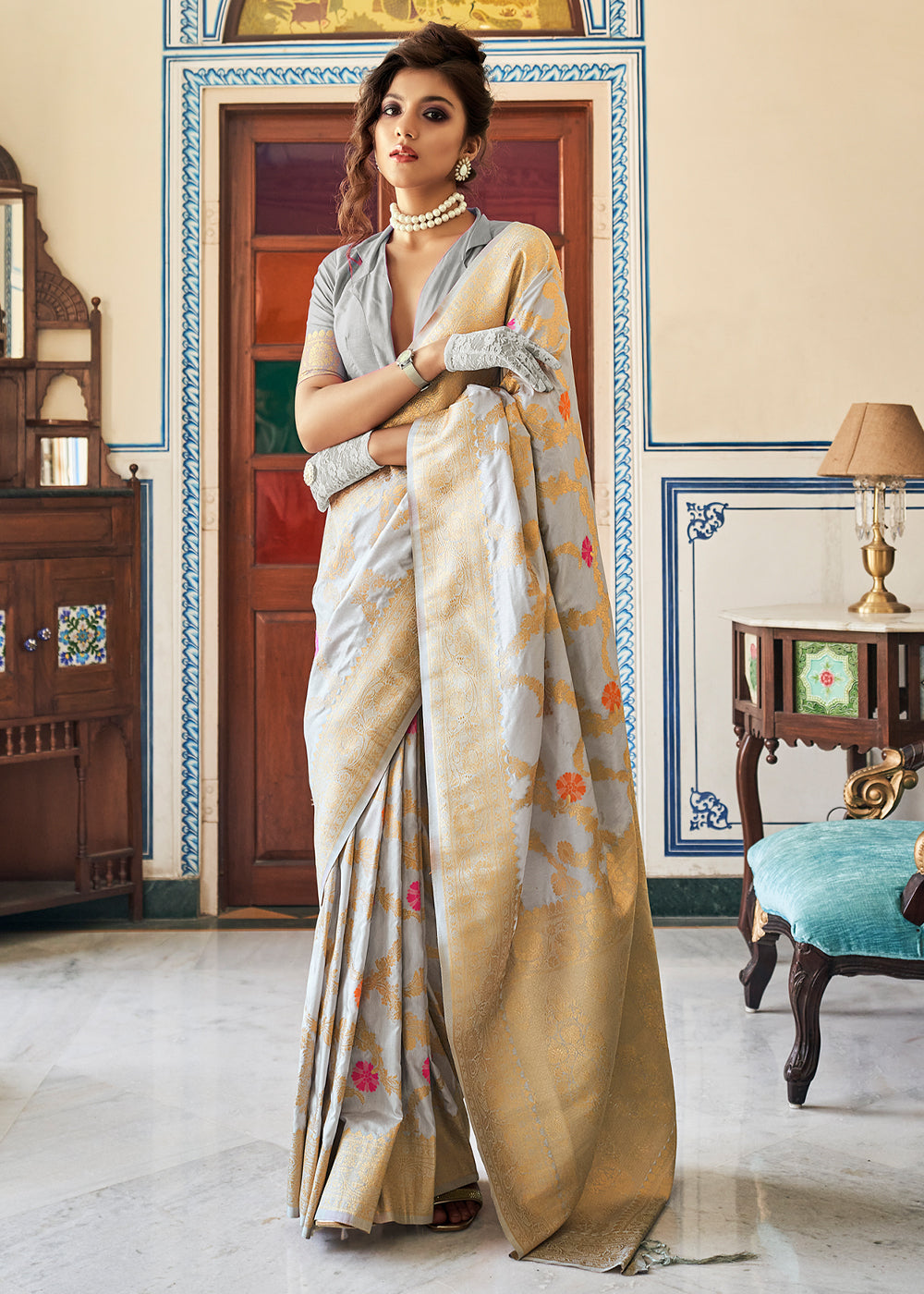 Buy MySilkLove Bison Grey Zari Woven Dola Silk Saree Online