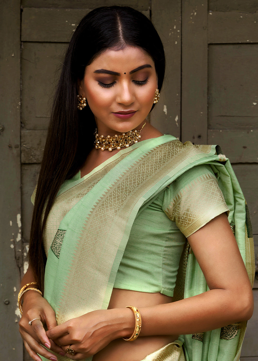 Buy MySilkLove Sprout Green Banarasi Saree Online