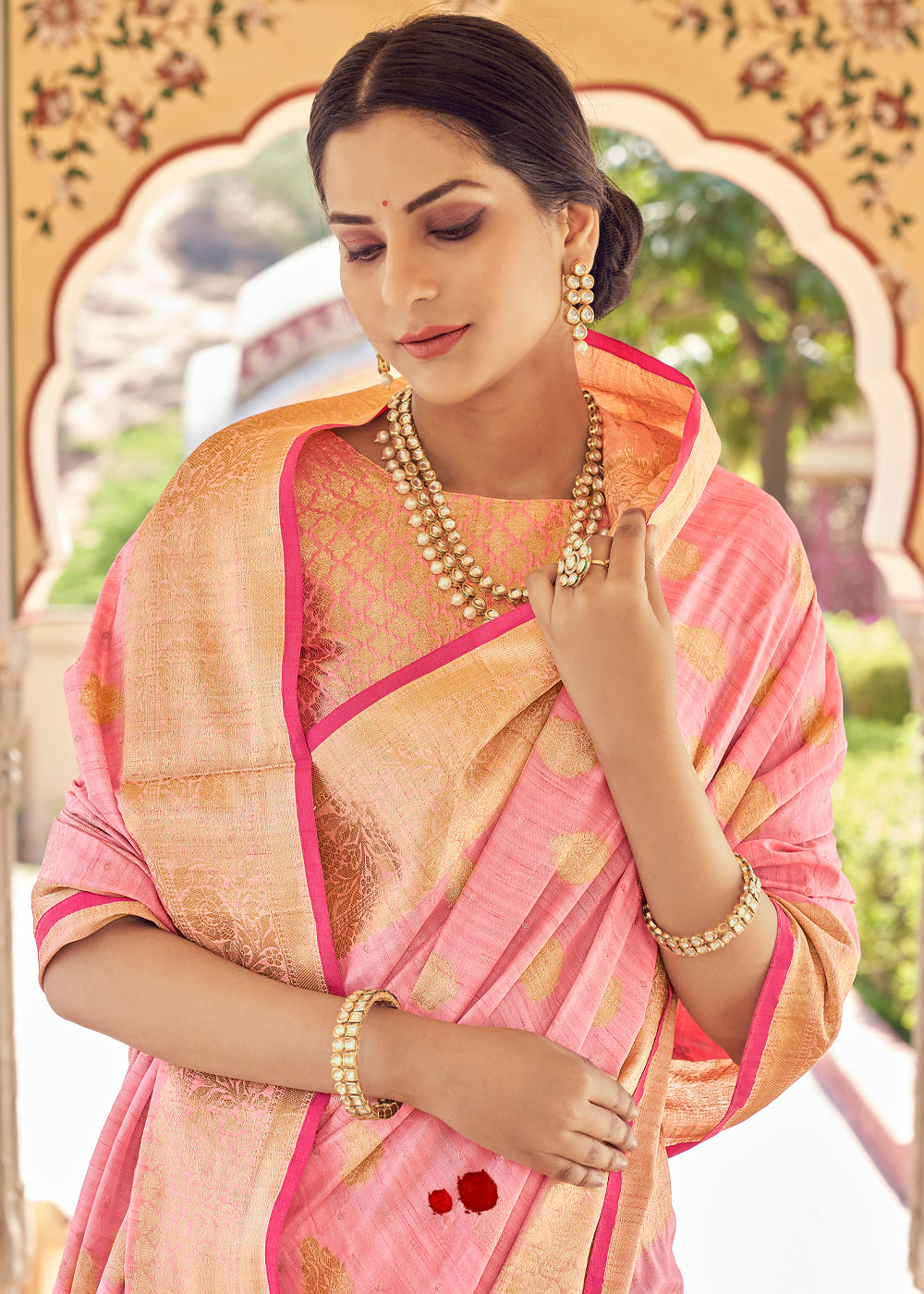 Buy MySilkLove Pastel Pink Zari Woven Banarasi Linen Saree Online