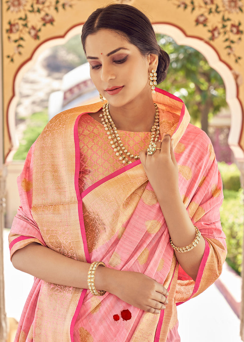 Pastel Pink Zari Woven Banarasi Linen Saree