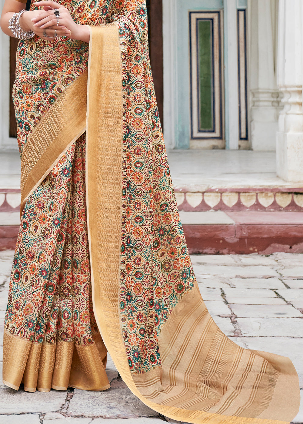 Buy MySilkLove Harvest Gold Cream Banarasi Printed Saree Online