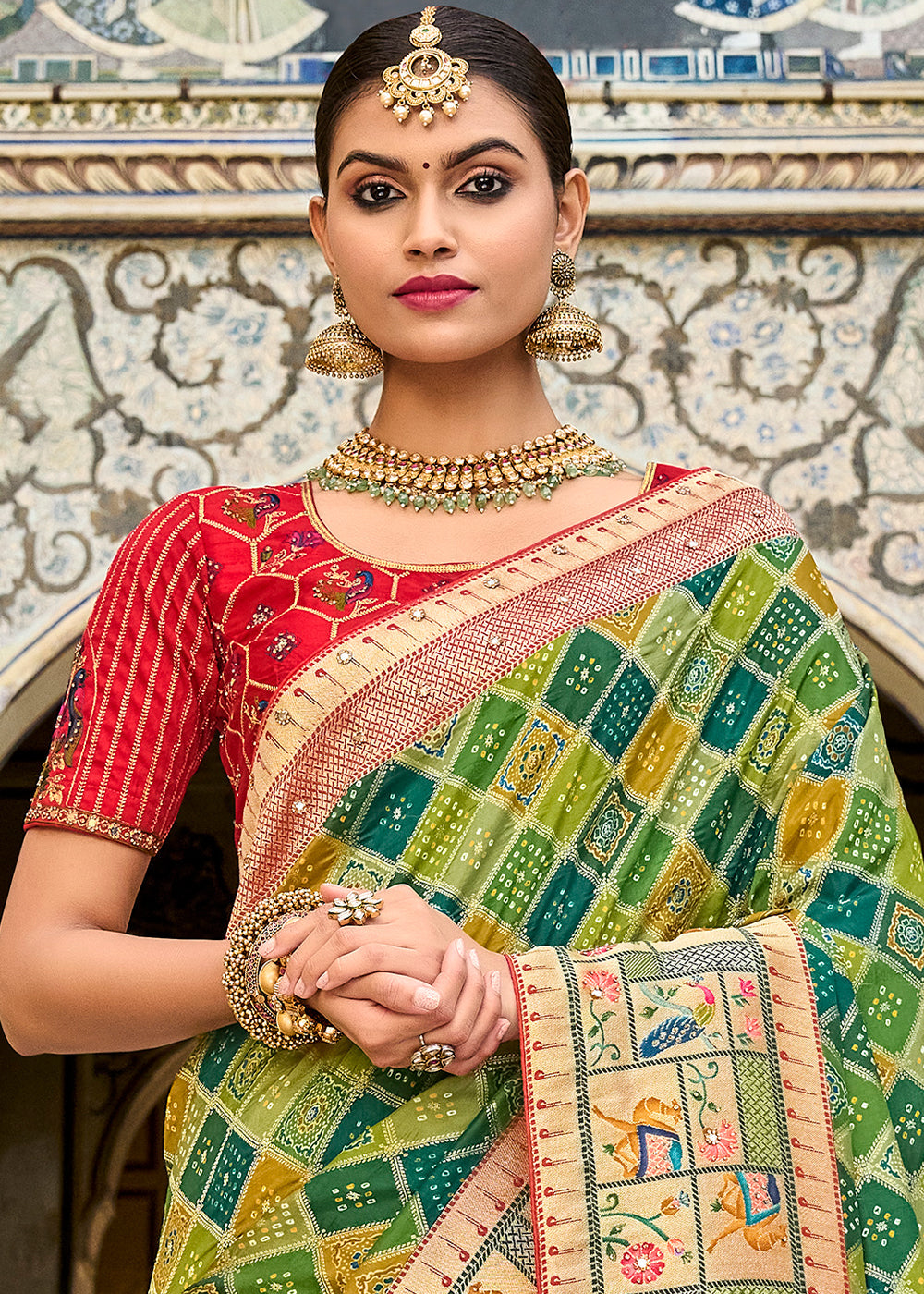 Buy MySilkLove Husk Green and Red Patola Printed Dola Silk Saree With Embroidered Blouse Online