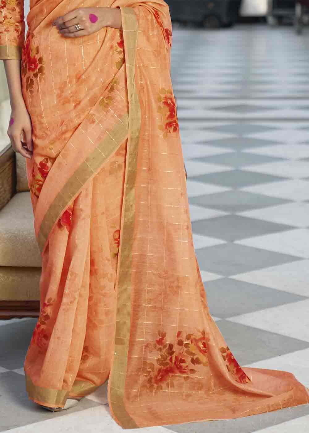 Buy MySilkLove Copper Orange Digital Floral Printed Saree Online