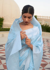 Morning Glory Blue Zari Woven Banarasi Linen Saree