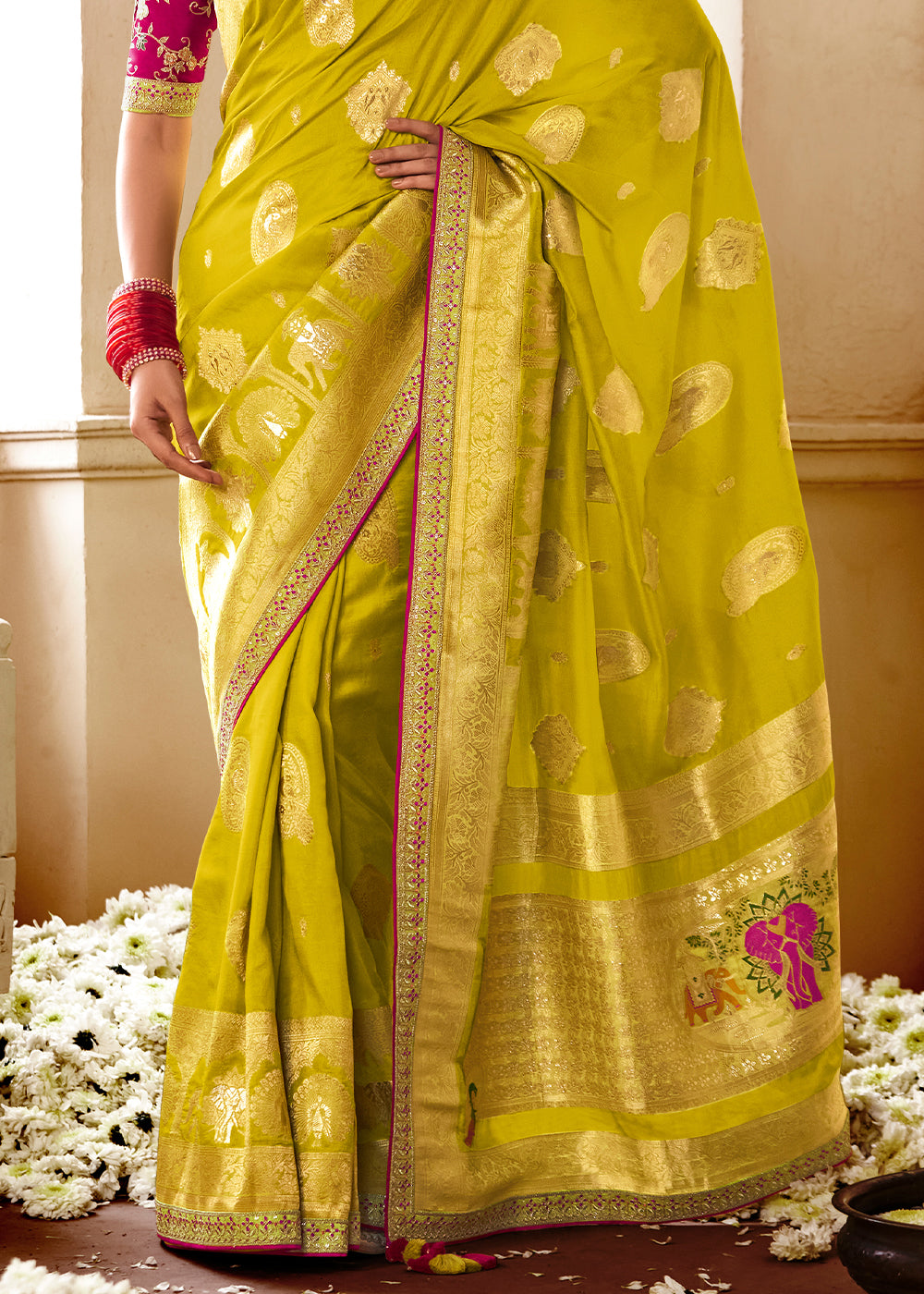 Buy MySilkLove Anzac Green and Red Banarasi Saree with Designer Blouse Online