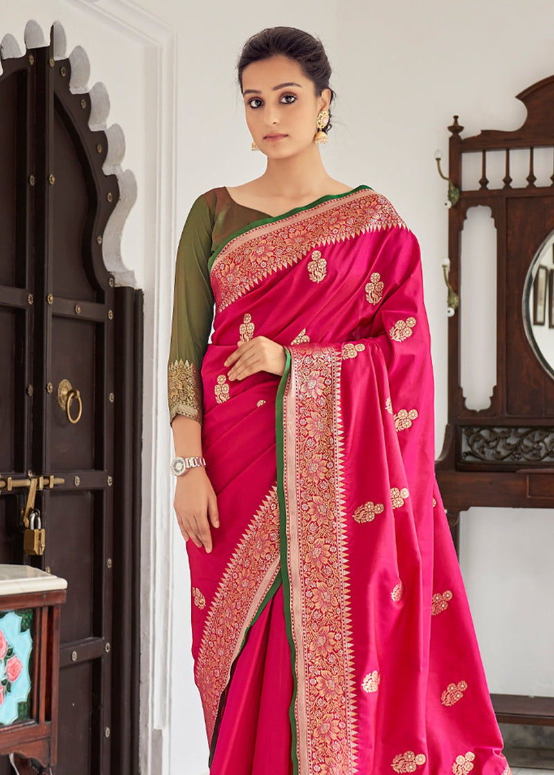 Mojo Pink Zari Woven Banarasi Silk Saree