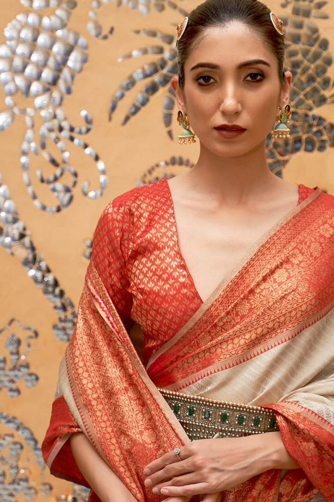 Buy MySilkLove Cameo White and Red Zari Woven Kanjivaram Saree Online