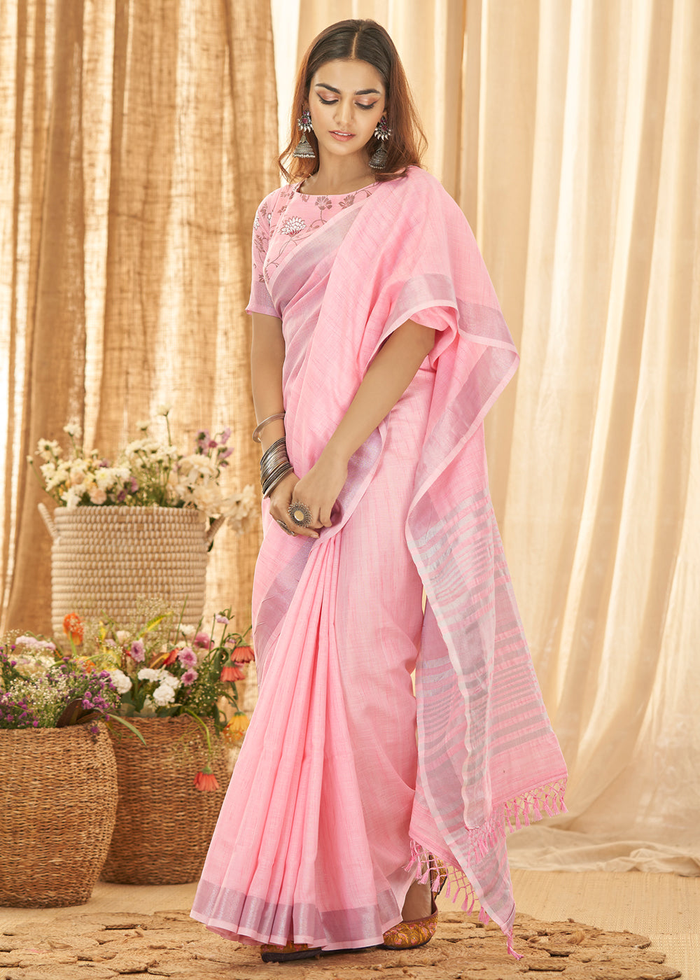 Buy MySilkLove Azalea Pink Zari Woven Linen Saree Online