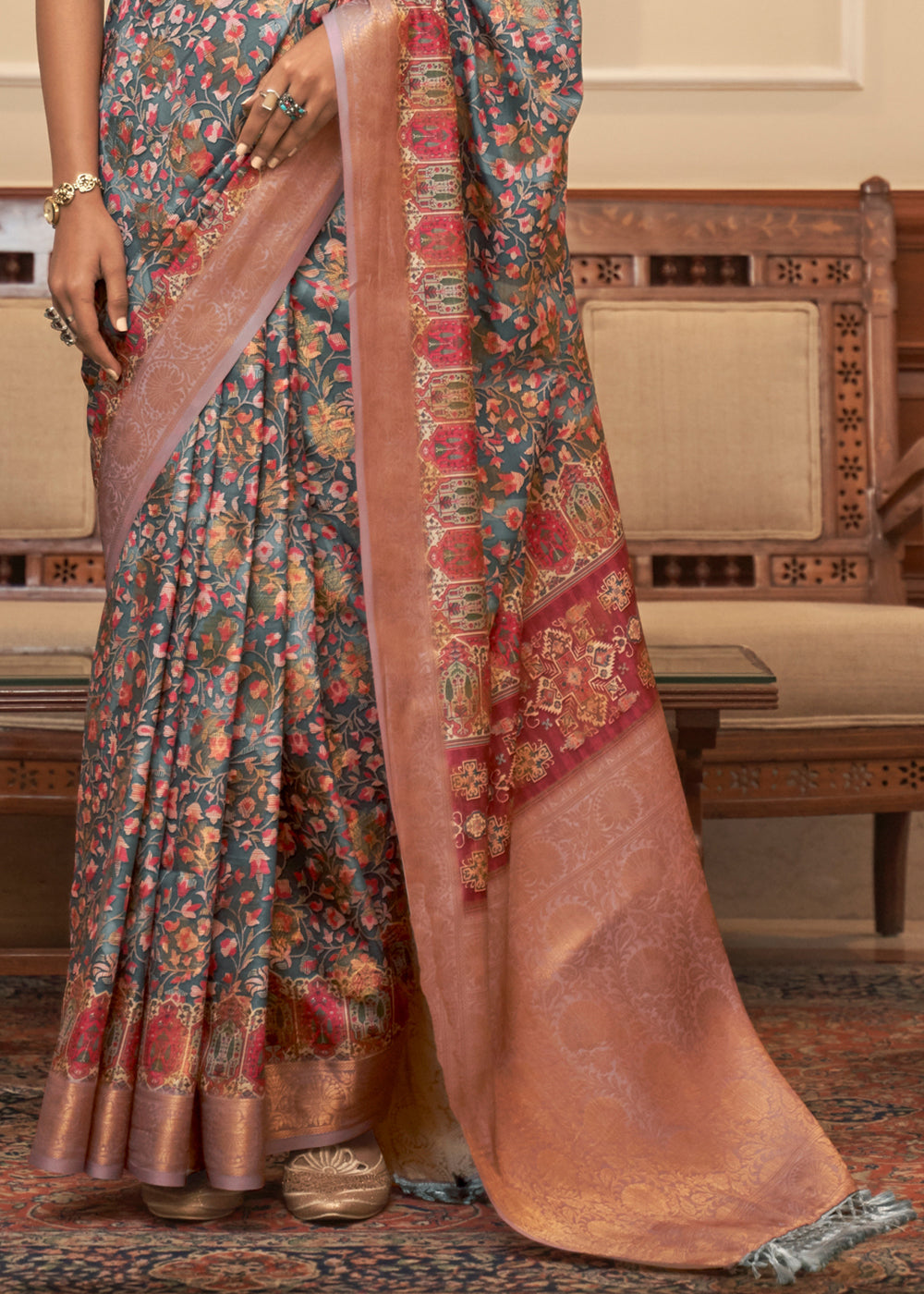 Buy MySilkLove Oslo Grey and Pink Banarasi Digital Printed Saree Online