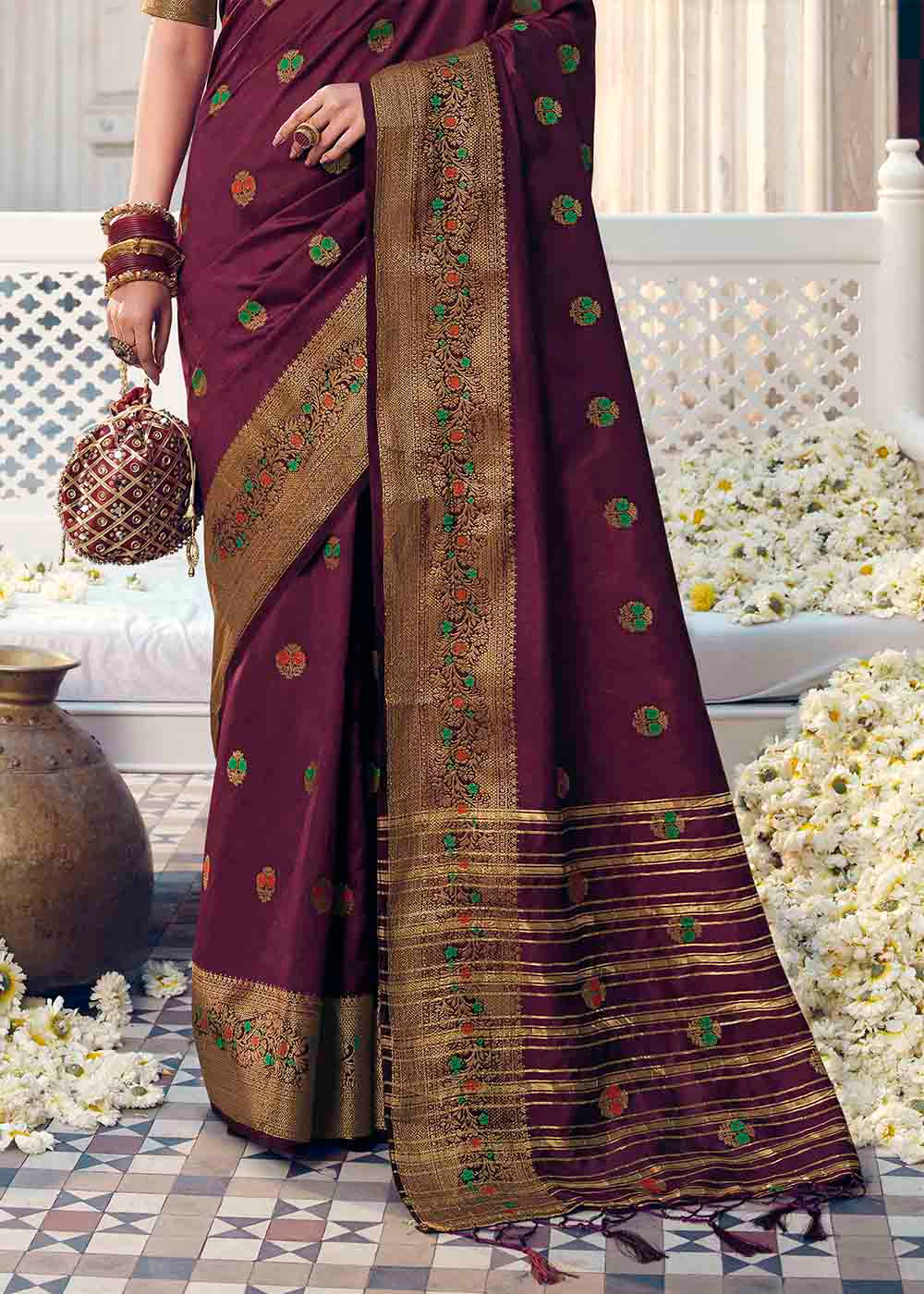 Buy MySilkLove Berry Purple Zari Woven Banarasi Raw Silk Saree Online