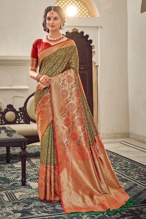 Buy MySilkLove Sapling Green and Red Zari Woven Banarasi Saree Online