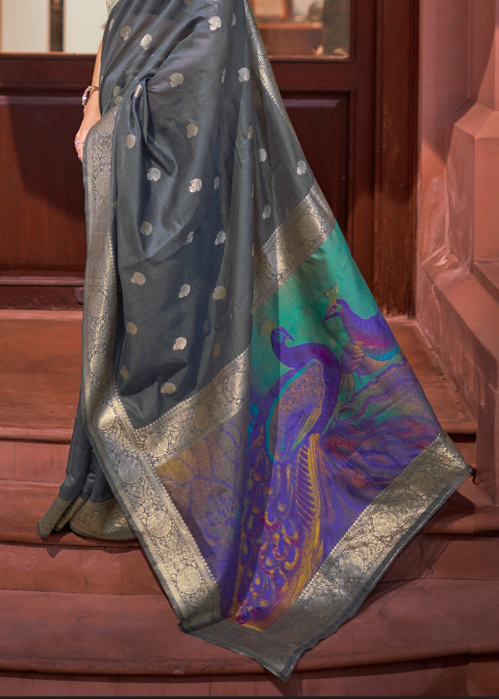 Buy MySilkLove Nevada Grey Zari Woven Banarasi Saree with Peacock Pallu Online