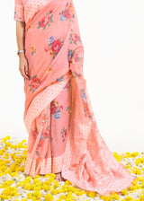 My Pink Zari Woven Digital Printed Linen Saree