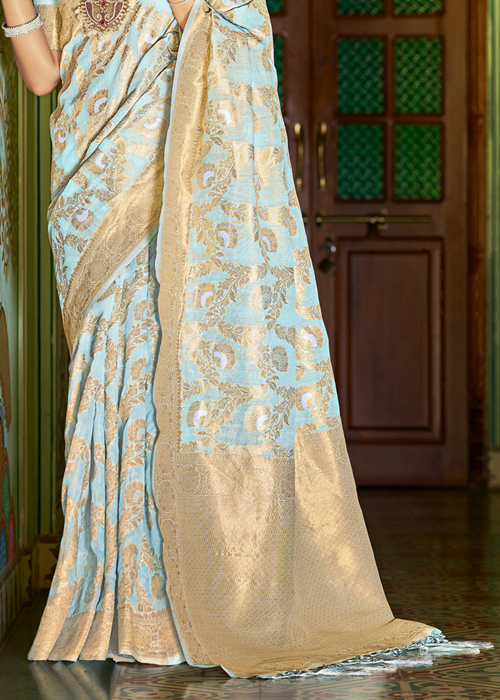 Buy MySilkLove Opal Blue Zari Woven Banarasi Linen Saree Online