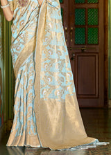 Opal Blue Zari Woven Banarasi Linen Saree