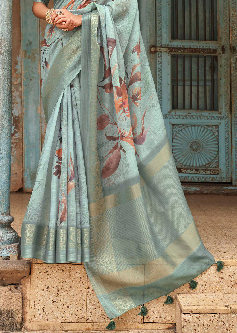 Buy MySilkLove Gum Leaf Green Floral Printed Linen Silk Saree Online