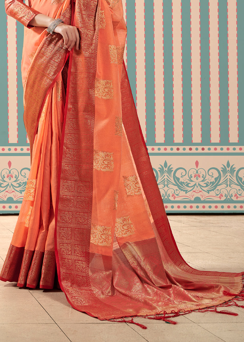 Buy MySilkLove Mandarin Orange Zari Woven Banarasi Brocade Linen Saree Online