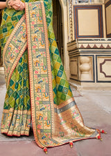 Husk Green and Red Patola Printed Dola Silk Saree With Embroidered Blouse