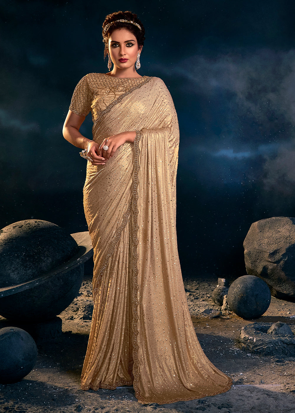 Buy MySilkLove Barley Light Brown Designer Silk Saree with Sequence Pallu Online