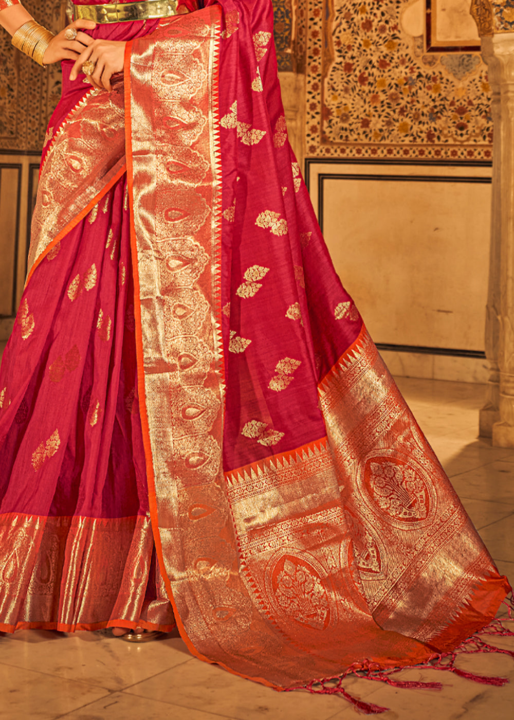 Buy MySilkLove Rusty Red Banarasi Tussar Woven Silk Saree Online