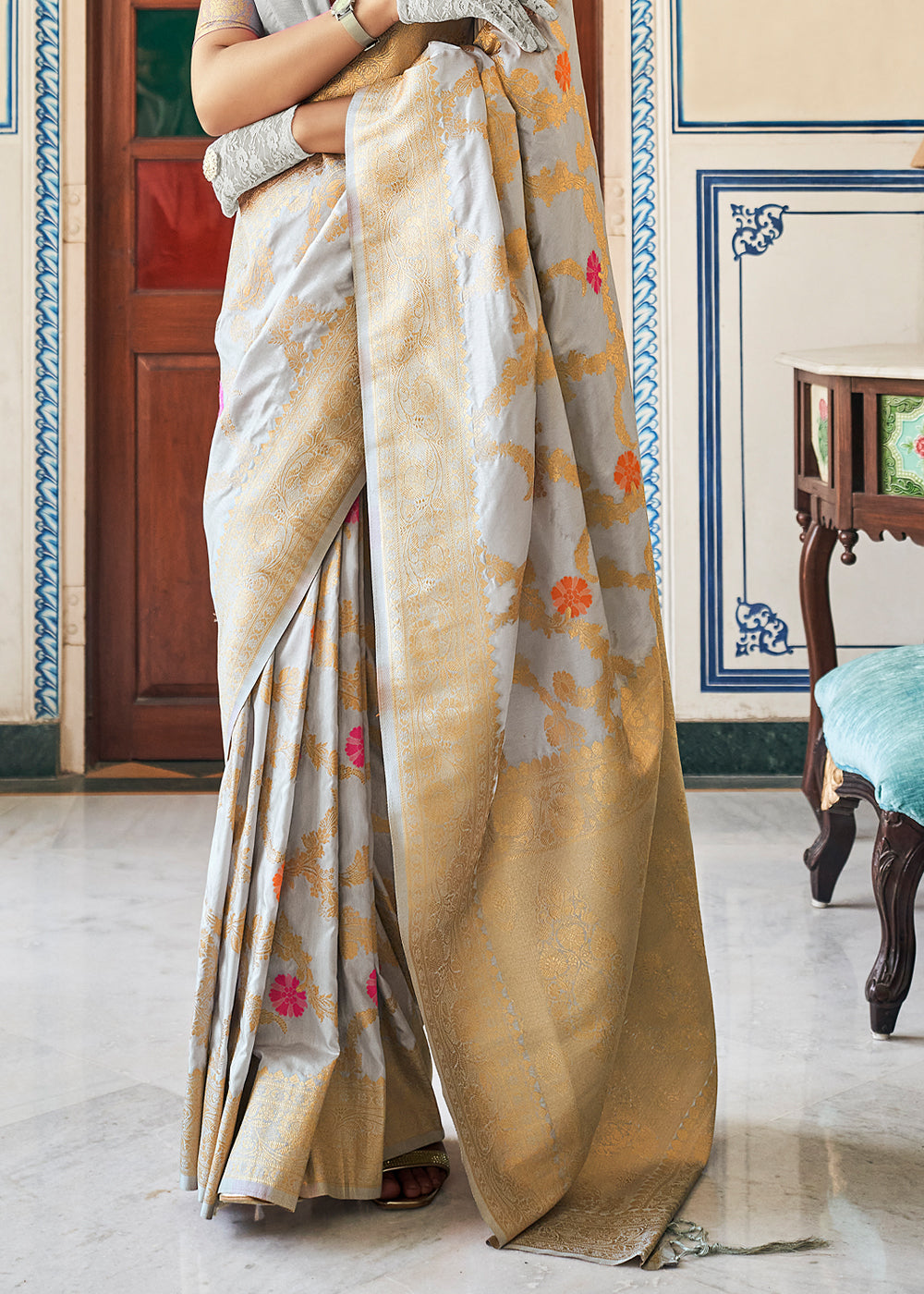 Buy MySilkLove Bison Grey Zari Woven Dola Silk Saree Online