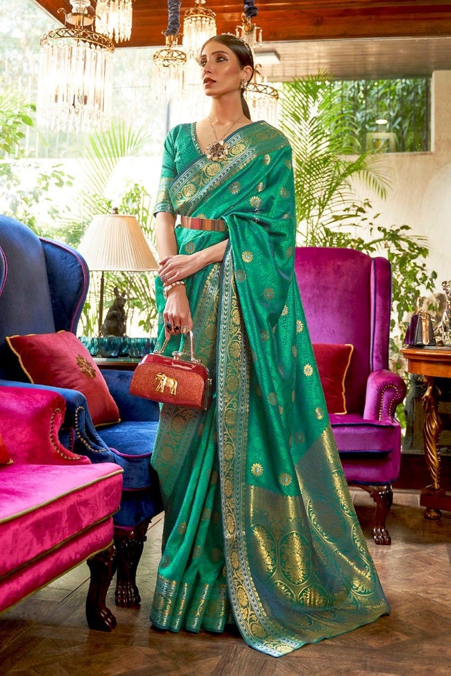 Buy MySilkLove Ocean Green Pearl Zari Woven Kanjivaram Saree Online