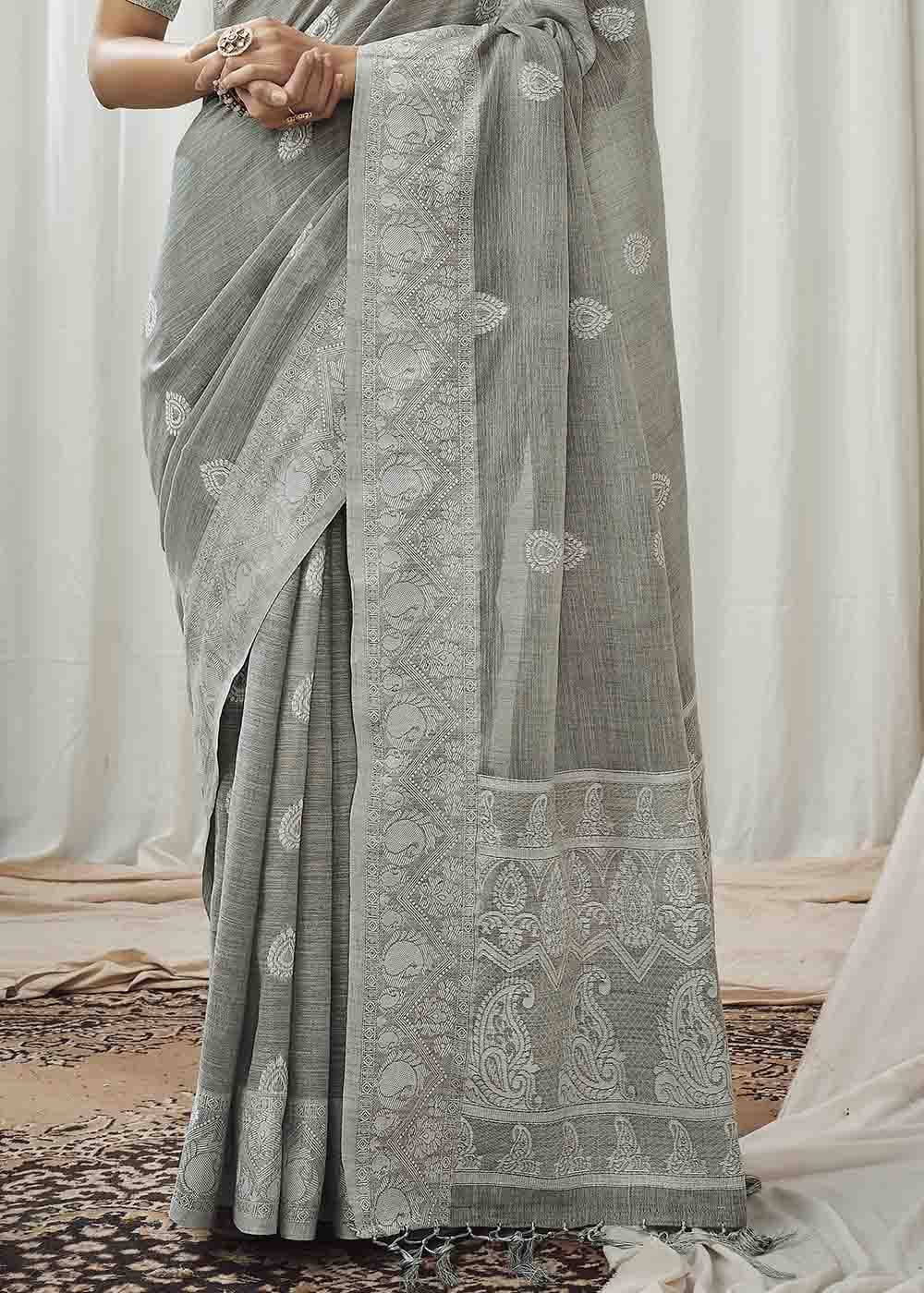 Buy MySilkLove Bitter Grey Chikankari Linen Saree Online