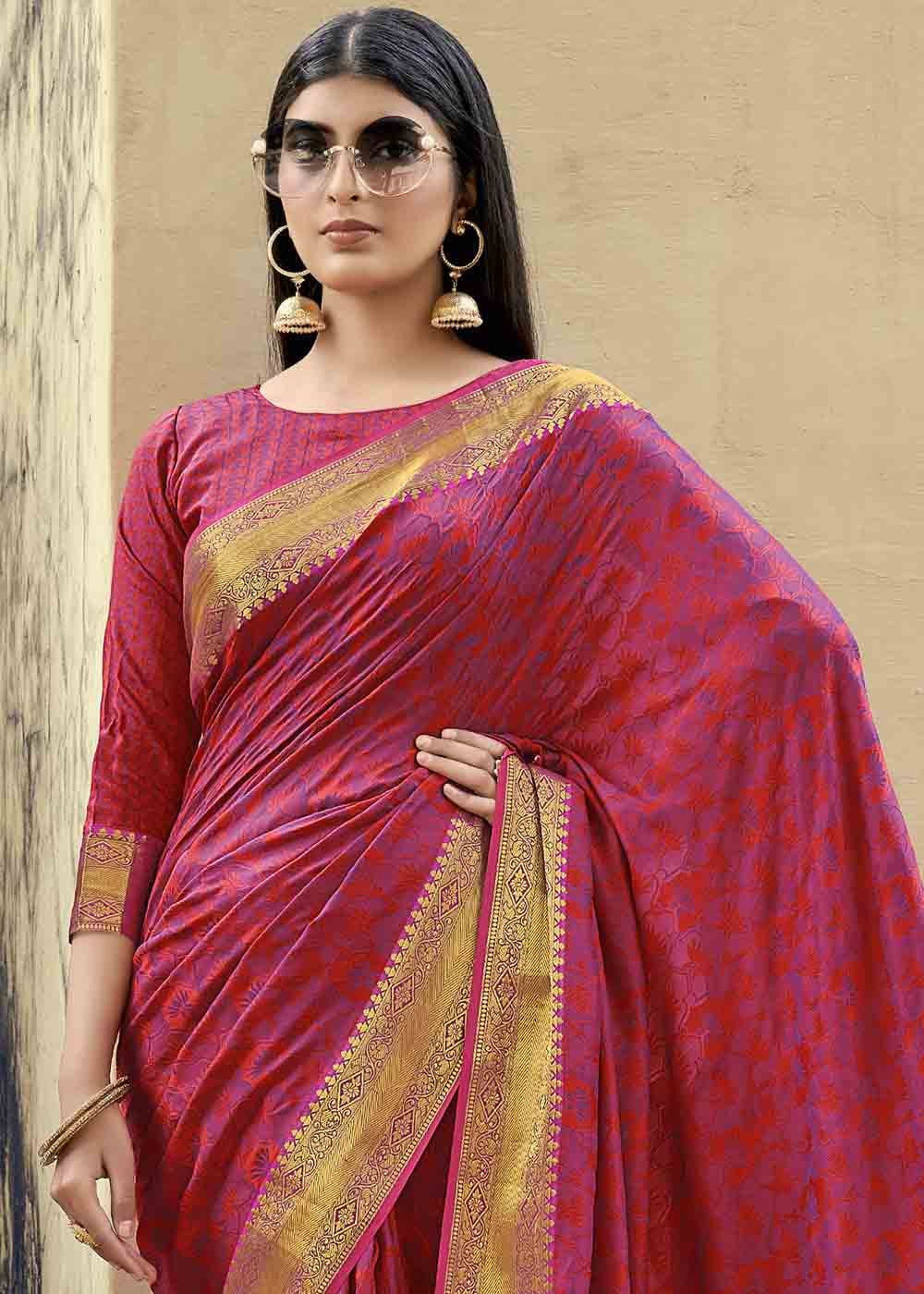 Buy MySilkLove Sweet Red and Purple Zari Woven Banarasi Silk Saree Online