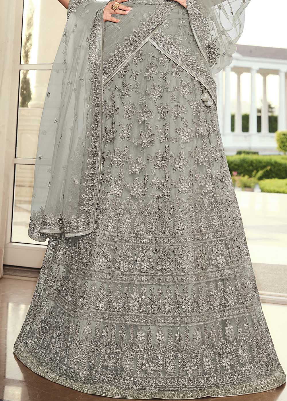 Buy MySilkLove Dawn Grey Net Designer Lehenga With Heavy Embroidered Work Online