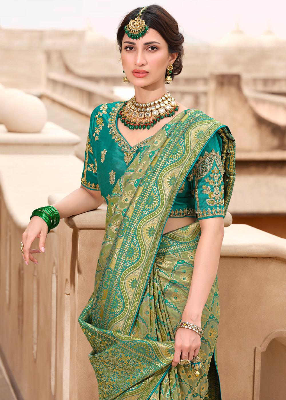 Buy MySilkLove Sage Green Woven Designer Banarasi Silk Saree Online