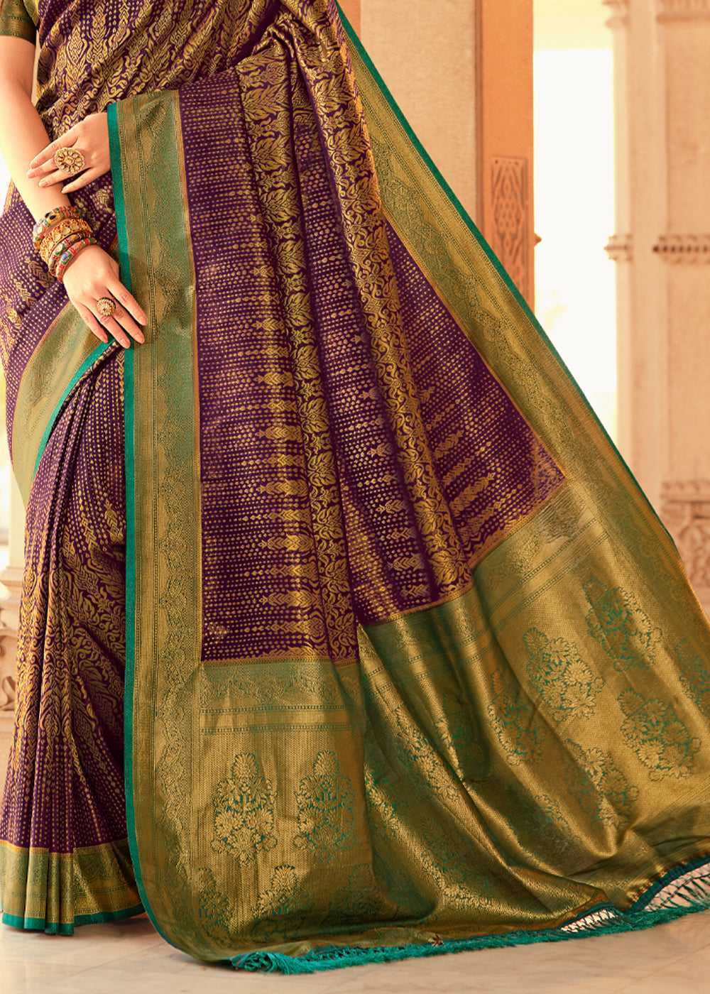 Buy MySilkLove Spicy Purple and Green Zari Woven Kanjivaram Saree Online